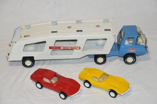 Vintage Tonka Pressed - Steel Car Carrier Truck & Trailer With (2) Corvette Cars