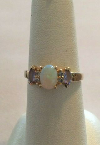 Vintage 14k Yellow Gold Opal Ring With 4 Accent Diamonds & 2 Blue Stones,  Size 7