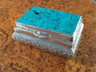 Vintage Sterling Silver Floral Trinket Box With Turquoise Tile Lid