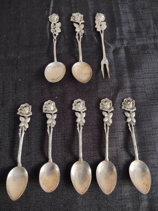 Seven Vintage Hildesheimer Rose Handle 835 Silver Spoons & One Fork.  German.  Cw.