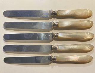 Five Antique French Sterling Silver & Mother Of Pearl Fruit / Butter Knives