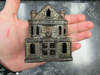 Antique Cast Iron Bank Building House Toy Bank 3 1/2 " Tall 2