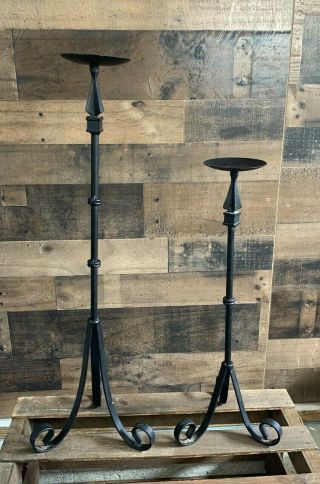 Vintage Set Of 2 Wrought Iron Floor Candle Holders Tiered Rustic