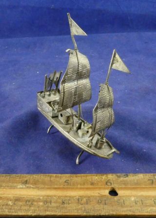 Vintage Miniature Hong Kong Chinese Sterling Silver War Junk Boat Ship W/ Cannon