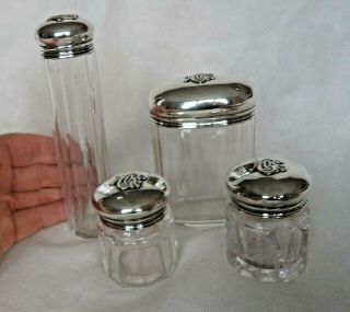 Set Victorian London 1900 Solid Silver Mounted Dressing Table Jars