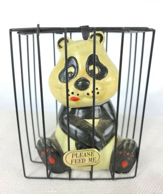 Jsny J.  S.  N.  Y Plastic Panda In A Cage Please Feed Me Piggy Bank Coin Box Vintage