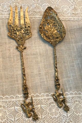 Antique Ornate Brass Serving Spoon And Fork Set By Montagnani Made In Italy
