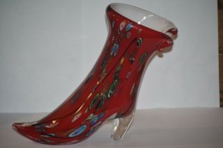 Vintage Murano Red Millefiori Shoe / Boot Vase Italian Art Glass 8 " Tall