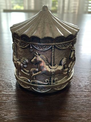 Vintage Silver Planted Cast Metal Carousel Merry Go Round Horses Bank