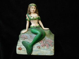 Vintage Cast Iron Mermaid Still Bank W/ Patina 8 " X 7 " X 4 "