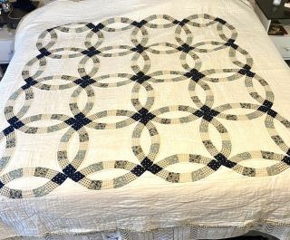 Vintage Hand Stitched Quilted Double Wedding Ring Quilt 86 