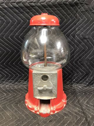 Vintage 80’s Gum Ball Red Coin Operated Carousel Gumball Machine With Glass