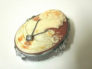 Vintage Sterling Art Deco Shell Cameo Brooch.  2 " X 1 3/4 "