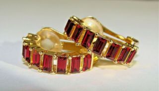Vintage Gold Tone Christian Dior Ruby Red Glass Clip On Earrings Half Hoop