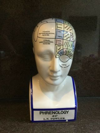 Phrenology By L.  N.  Fowler Ceramic Head Brain Anatomy Map Piggy Coin Bank 12”