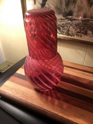 Vintage Fenton Cranberry Opalescent Rib Optic Bottle / Night Set Tumble Up