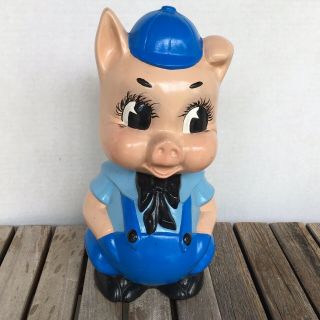 Vintage Piggy Bank Pig Wearing Blue Hat & Overalls Coin Bank