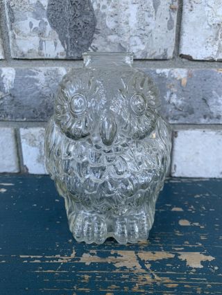 Vintage Glass Wise Old Owl Bank Clear Embossed Piggy Bank