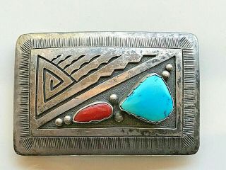Vintage Navajo Sterling,  Turquoise & Coral Belt Buckle By Roy Vandever/no Reserve