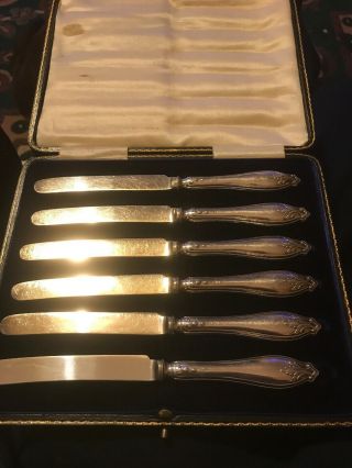 Boxed Set Of 6 Antique Sterling Silver Tea/dessert/butter Knives 1913