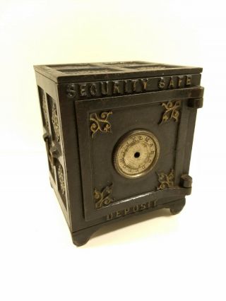 Rare 1887 Antique " Security Safe Deposit " Cast Iron Bank Ornate Designed