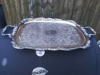 Large Heavy Vintage Double Handle Silver Tone Serving Tray