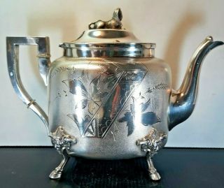 Antique Egyptian Revival Teapot Wilcox Silver Plated Gothic Green Men Cloven Fee