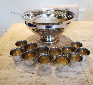 Large Vintage Silver Plated Punch Bowl,  12 Cups And Sheridan Silver Plate Ladle