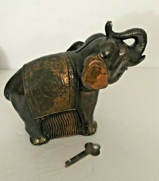 Vintage Elephant Brass Piggy Bank Lock W/ Key Trunk Is Up Hang Seng Bank Limited
