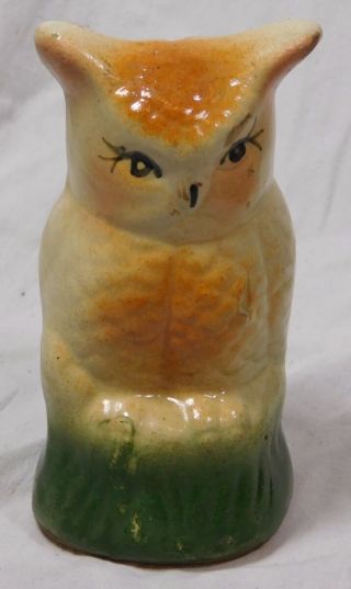 Vtg Yellow Stone Ware Pottery Owl Bird Hand Painted Piggy Money Coin Bank