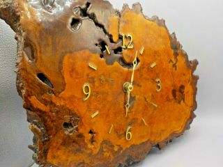 Vtg Hand Crafted Wood Slab Wall Clock Lacquered W/raw Edge Battery Mid Century