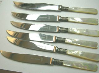 Sterling Cuffs 6 Sheffield Serrated Edge Gorgeous Steak Knives Mother Of Pearl