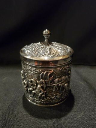 Antique Silver Plated Tea Caddy - Horse And Carriage Scene (d2)