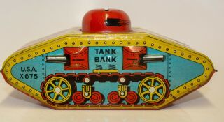 Vintage Post - War J.  Chein Tin Lithographed Tank & Coin Bank