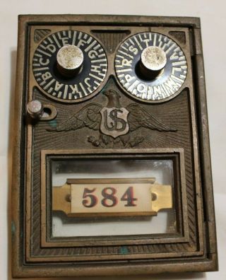 Vintage Eagle Us Post Office Mailbox Brass Door 5”x3.  5” Dual Combo Locks 584