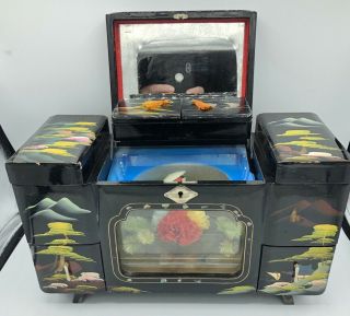 Vtg 1940s Jewelry Music Box Hand Painted Black Lacquered Japan Ballerina Spins.