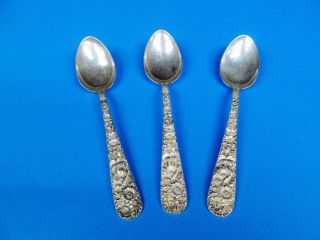 Set Of 3 Repousse By James R.  Armiger Sterling Silver Tea Spoon Flower Motif.
