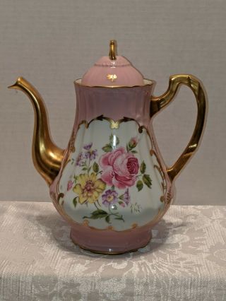 Vintage Porcelaine De France Hand Painted Pink Floral Teapot With Gold Gilt