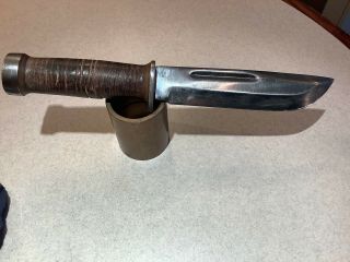 Vintage Cattaraugus 225q Fixed Blade Knife With Stacked Leather Handle