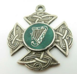 Vintage Dublin Silver & Enamel Celtic Cross & Harp Fob Medal 1954 Marker J.  M.  Co
