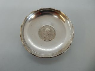 Chinese Solid Silver Dish With A Hong Kong One Dollar Coin In The Middle.  1960