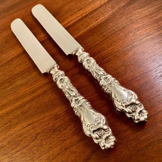 (2) Whiting Sterling Silver Handled Dinner Knives: Lily 1902 Old Style - Mono 9 "