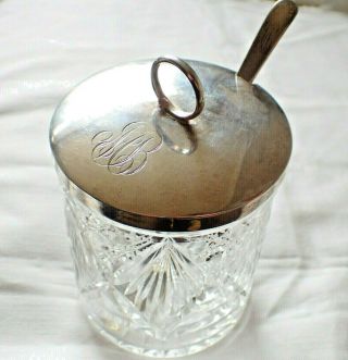 Antique American Sterling Silver Jam Jar Hobnail Cut Glass Rand & Crane,  Spoon
