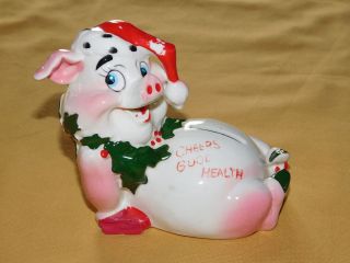 Vintage Christmas Kreiss Ceramic Piggy Pig Joy Noel Cheers Bank Has Old Repair