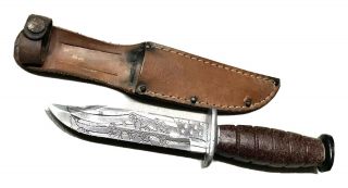 Vintage Antique Military Vietnam War Etched Fixed Blade Dagger Knife Sheath Old