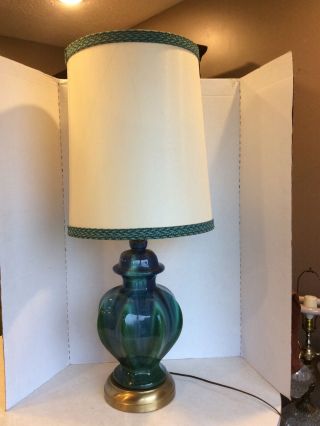 Mid Century/vintage Blue Green Drip Glaze Pottery Table Lamp W/shade