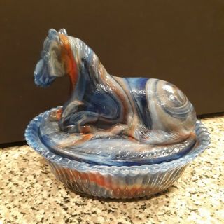 Vintage Slag Blue Caramel Swirl Glass Horse On Nest Covered Dish Cond