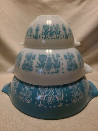 3 Vintage Pyrex Cinderella Nesting Mixing Bowls Amish Butterprint 441 443 444