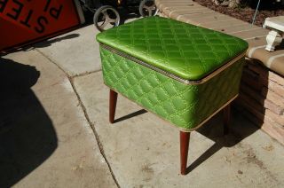 Vintage Mcm Burlington Hawkeye Sewing Basket Storage Box Stool Ottoman Green