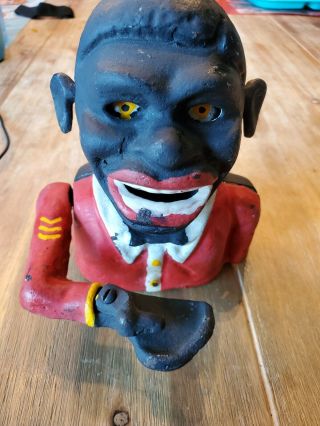 Vintage Cast Iron African American Man Mechanical Coin Bank Americana